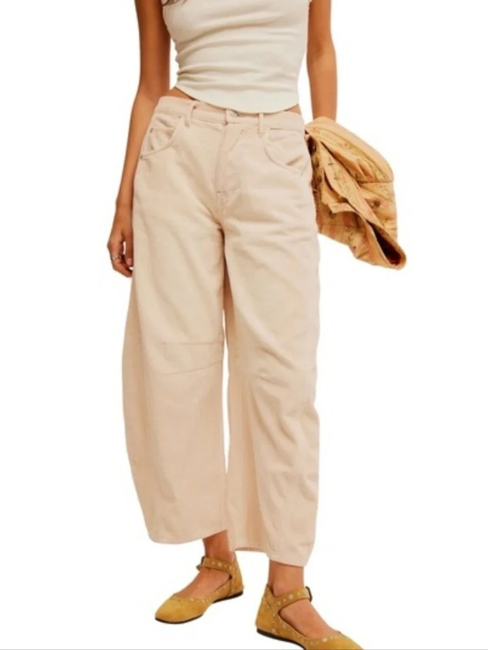 Free People We The Free Good Luck Mid-Rise Cord Barrel Pants Cream Beige Sz 31 - Picture 3 of 16